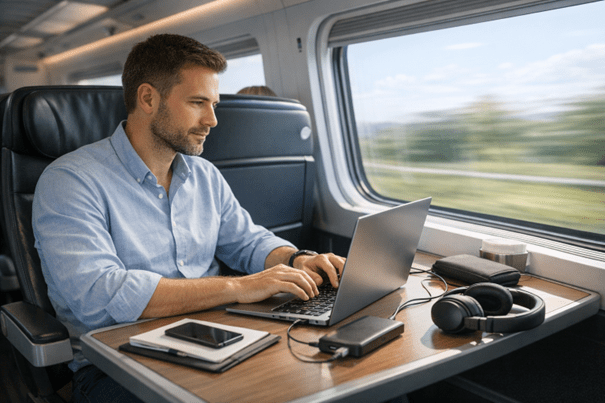Ein Mann sitzt in einem Zugabteil und arbeitet an einem Laptop. Er trägt ein hellblaues Hemd und hat Kopfhörer sowie ein Smartphone auf dem Tisch.